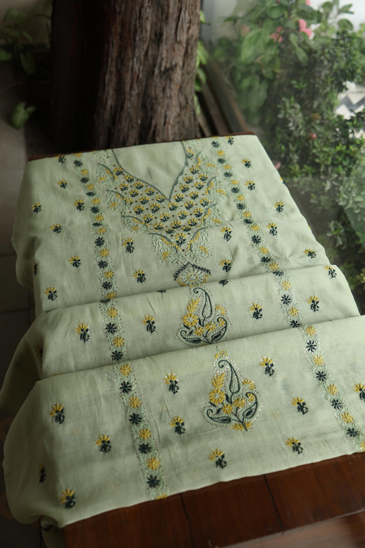 Pista Green Mul Chanderi Silk Kalamkari Unstitched Kurta Dupatta Set