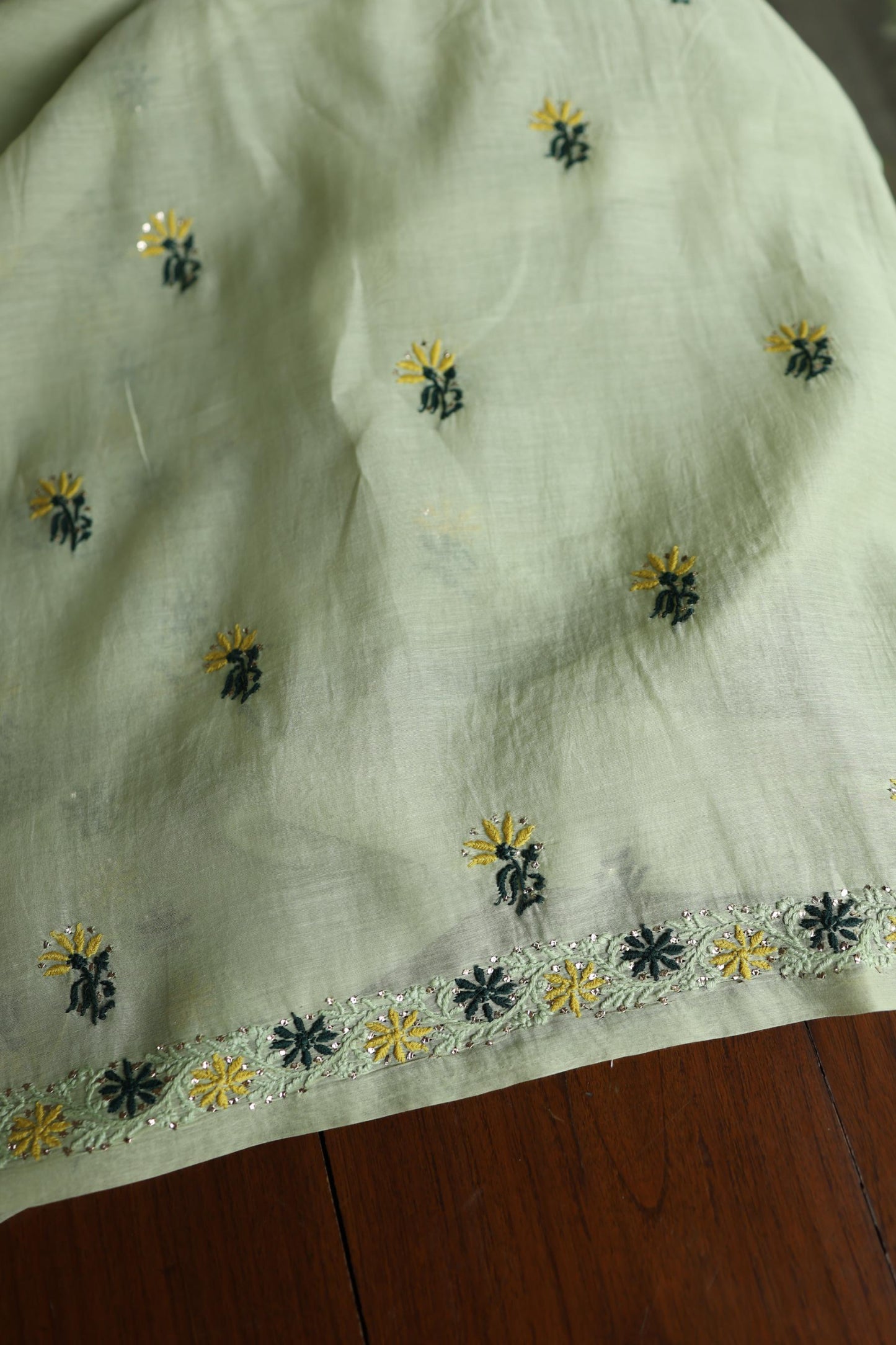 Pista Green Mul Chanderi Silk Kalamkari Unstitched Kurta Dupatta Set