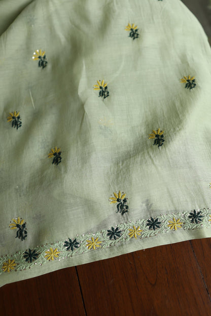 Pista Green Mul Chanderi Silk Kalamkari Unstitched Kurta Dupatta Set