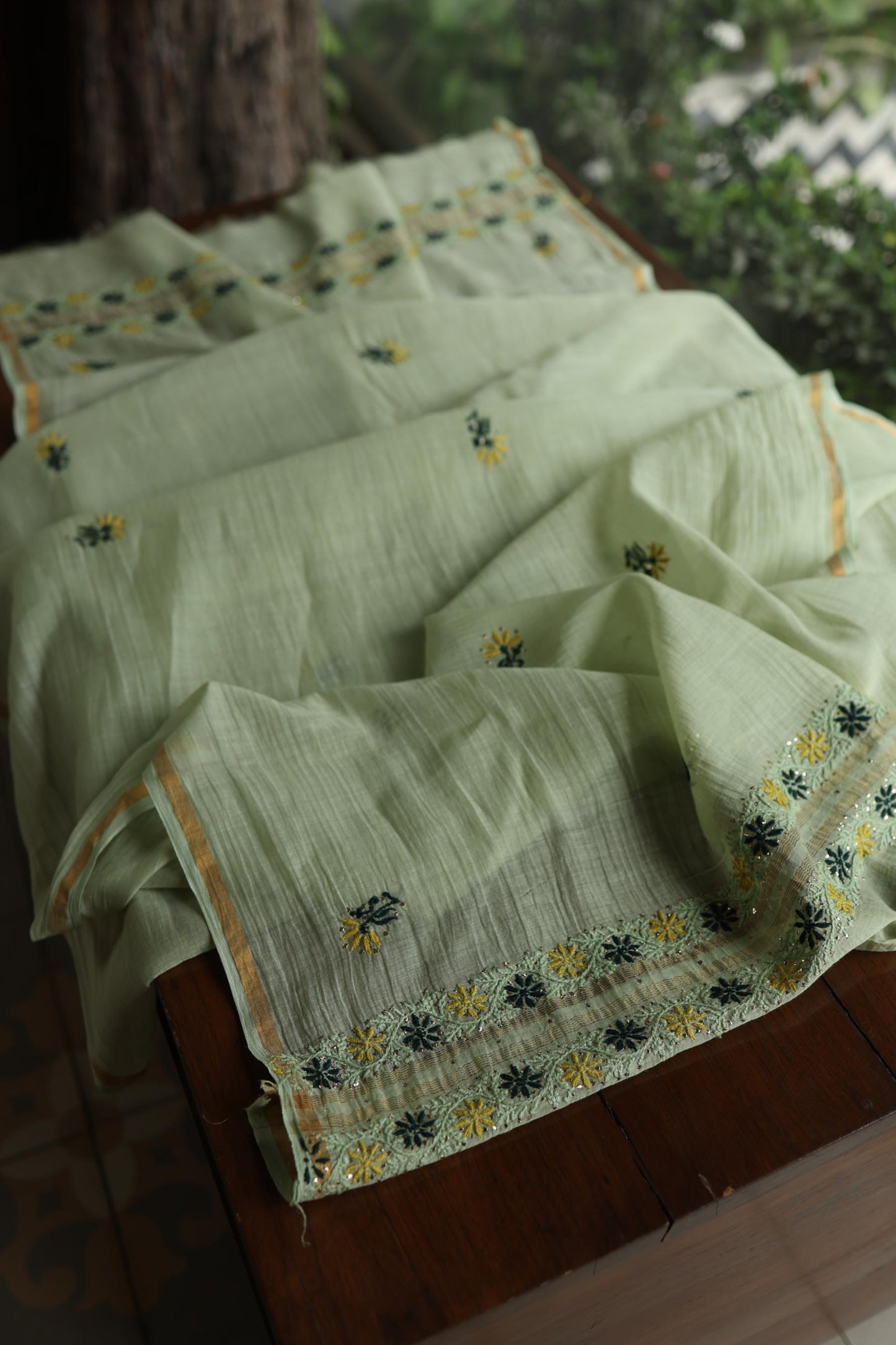 Pista Green Mul Chanderi Silk Kalamkari Unstitched Kurta Dupatta Set