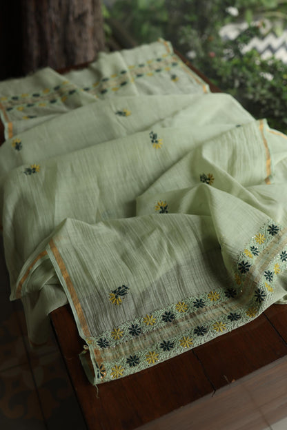 Pista Green Mul Chanderi Silk Kalamkari Unstitched Kurta Dupatta Set