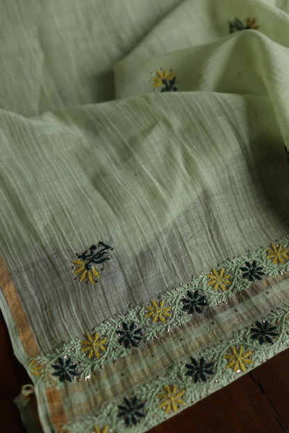 Pista Green Mul Chanderi Silk Kalamkari Unstitched Kurta Dupatta Set
