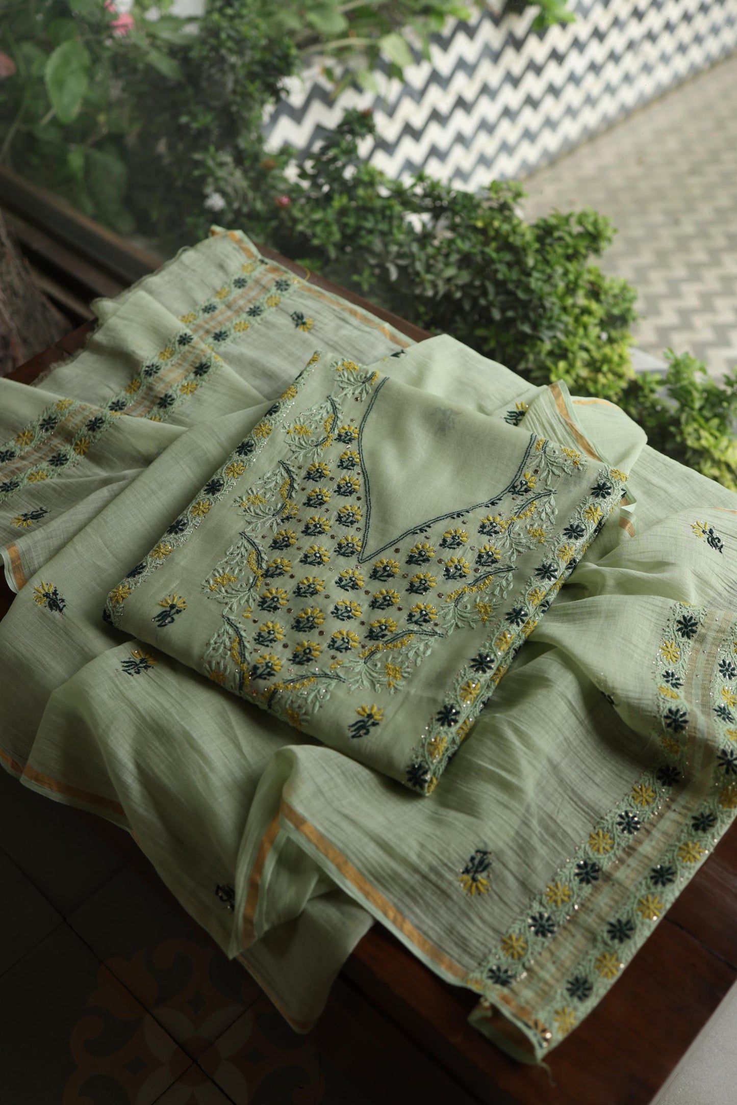 Pista Green Mul Chanderi Silk Kalamkari Unstitched Kurta Dupatta Set