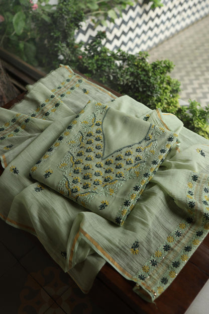 Pista Green Mul Chanderi Silk Kalamkari Unstitched Kurta Dupatta Set