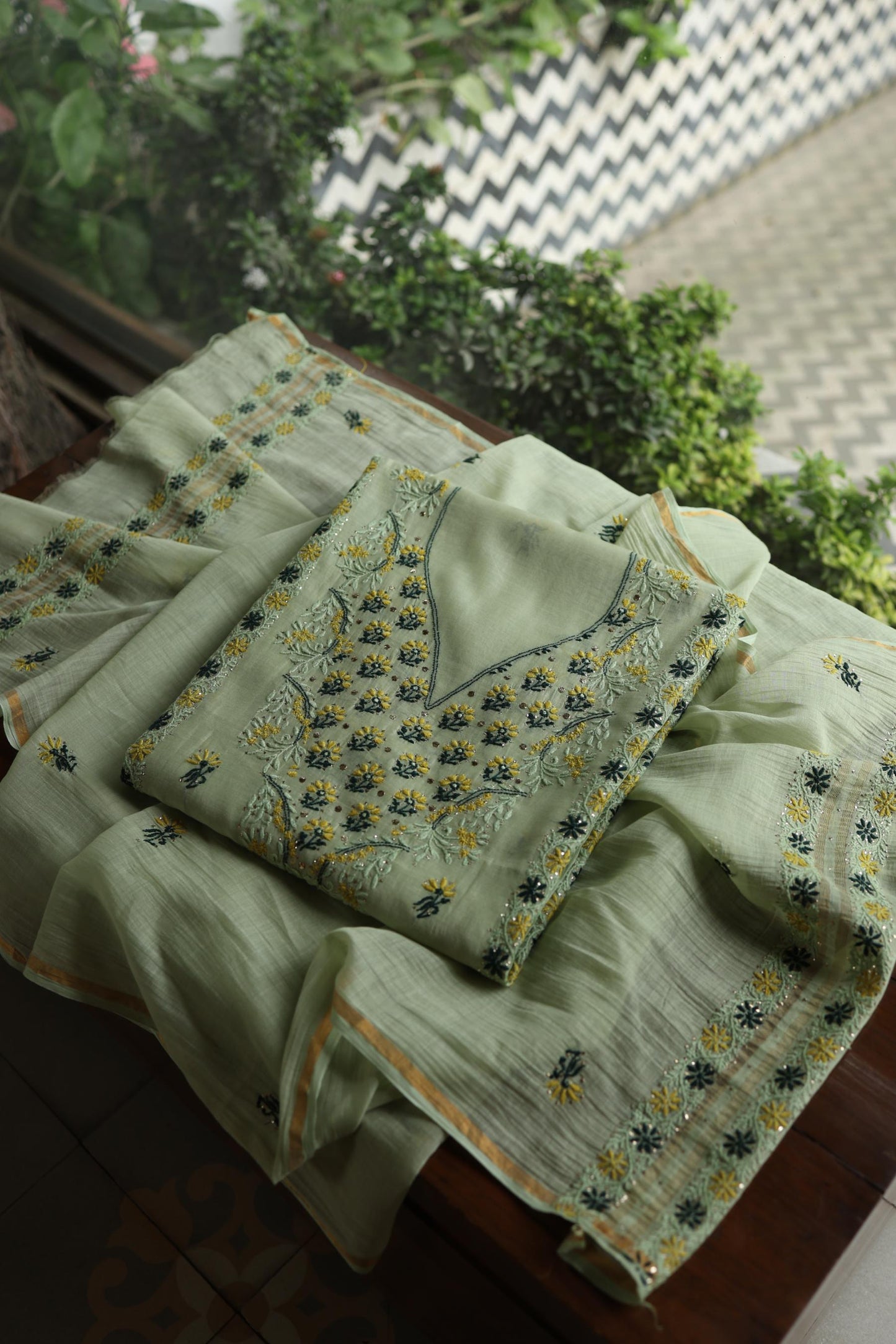 Pista Green Mul Chanderi Silk Kalamkari Unstitched Kurta Dupatta Set