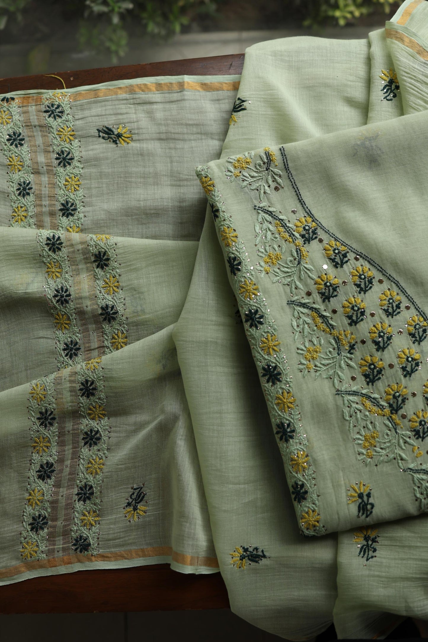 Pista Green Mul Chanderi Silk Kalamkari Unstitched Kurta Dupatta Set