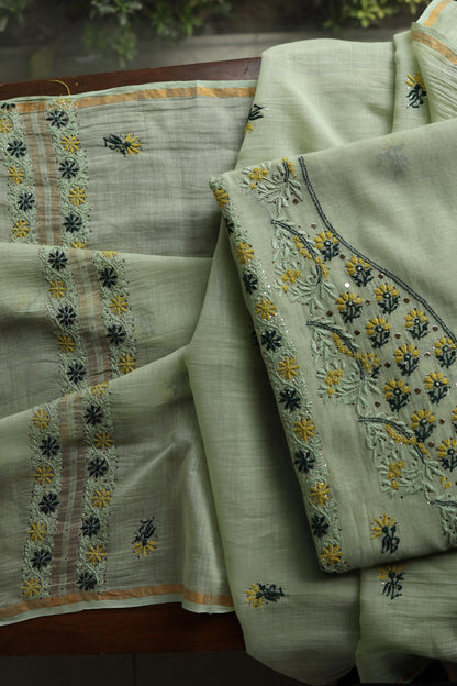 Pista Green Mul Chanderi Silk Kalamkari Unstitched Kurta Dupatta Set