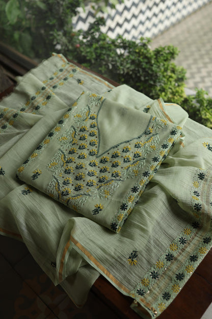 Pista Green Mul Chanderi Silk Kalamkari Unstitched Kurta Dupatta Set