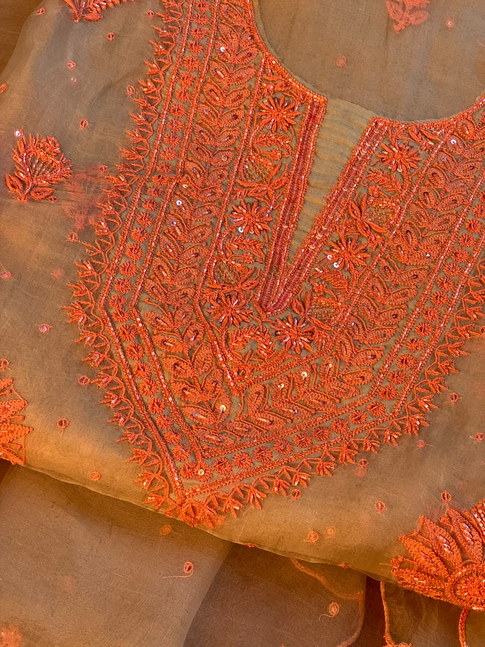 Pista Green Shade Noor Organza Silk Chikankari Unstitched Kurta Dupatta Set