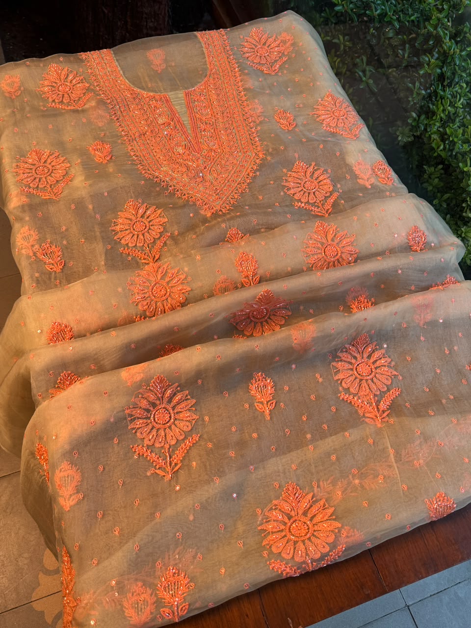 Pista Green Shade Noor Organza Silk Chikankari Unstitched Kurta Dupatta Set