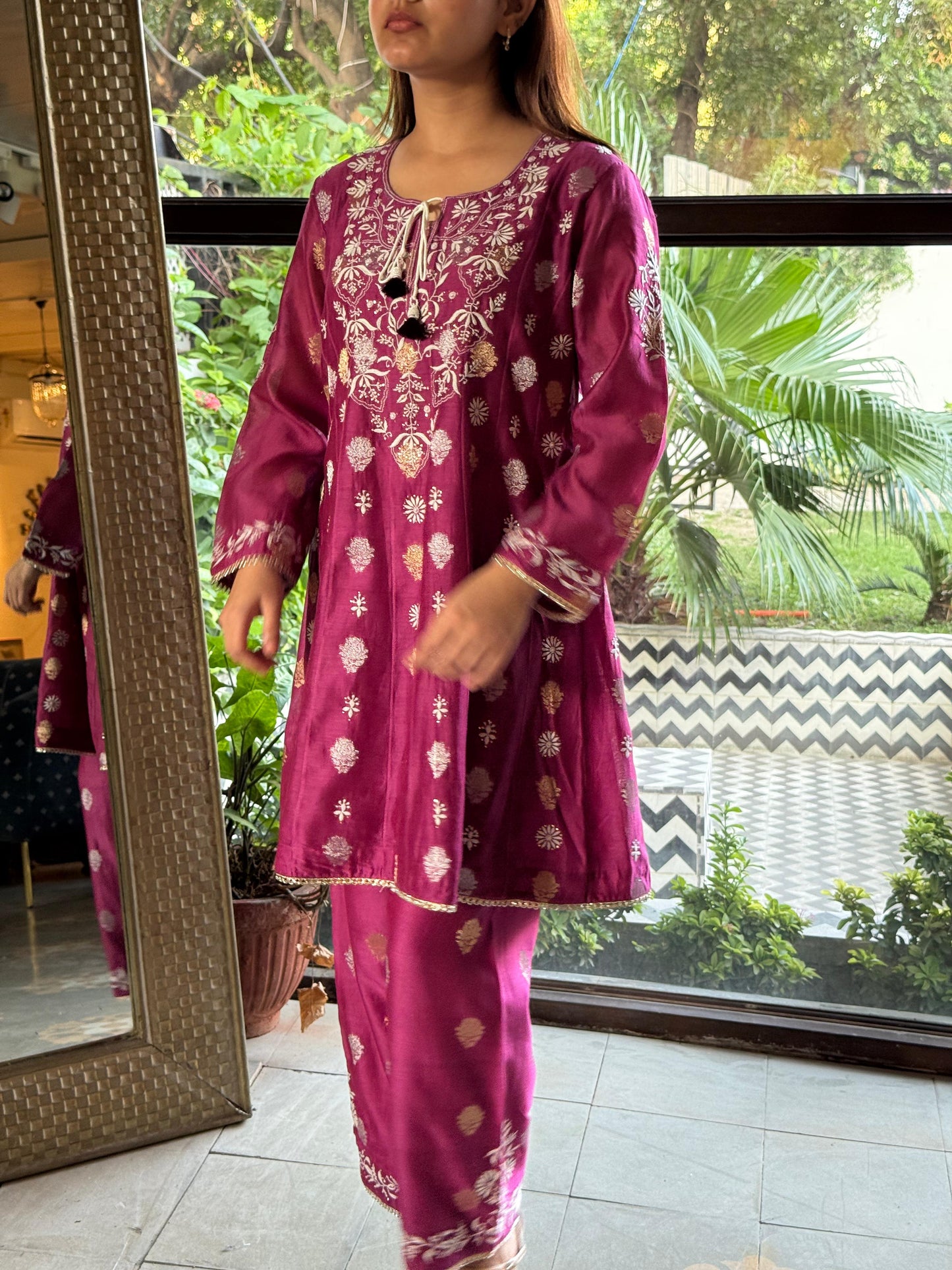 Plum Pink Zari Chanderi Chikankari Co-Ord Set