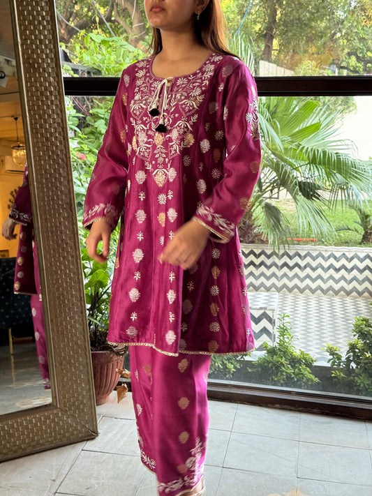 Plum Pink Zari Chanderi Chikankari Co-Ord Set