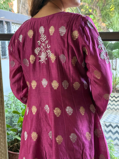 Plum Pink Zari Chanderi Chikankari Co-Ord Set