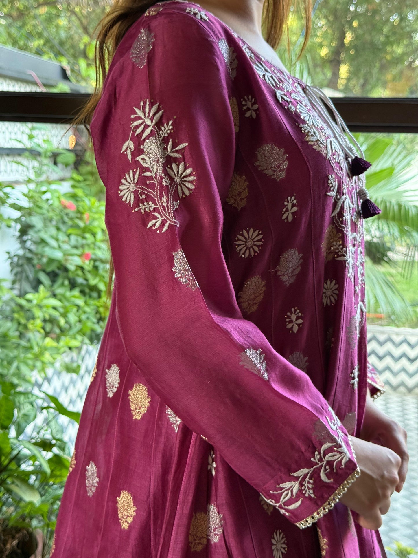 Plum Pink Zari Chanderi Chikankari Co-Ord Set