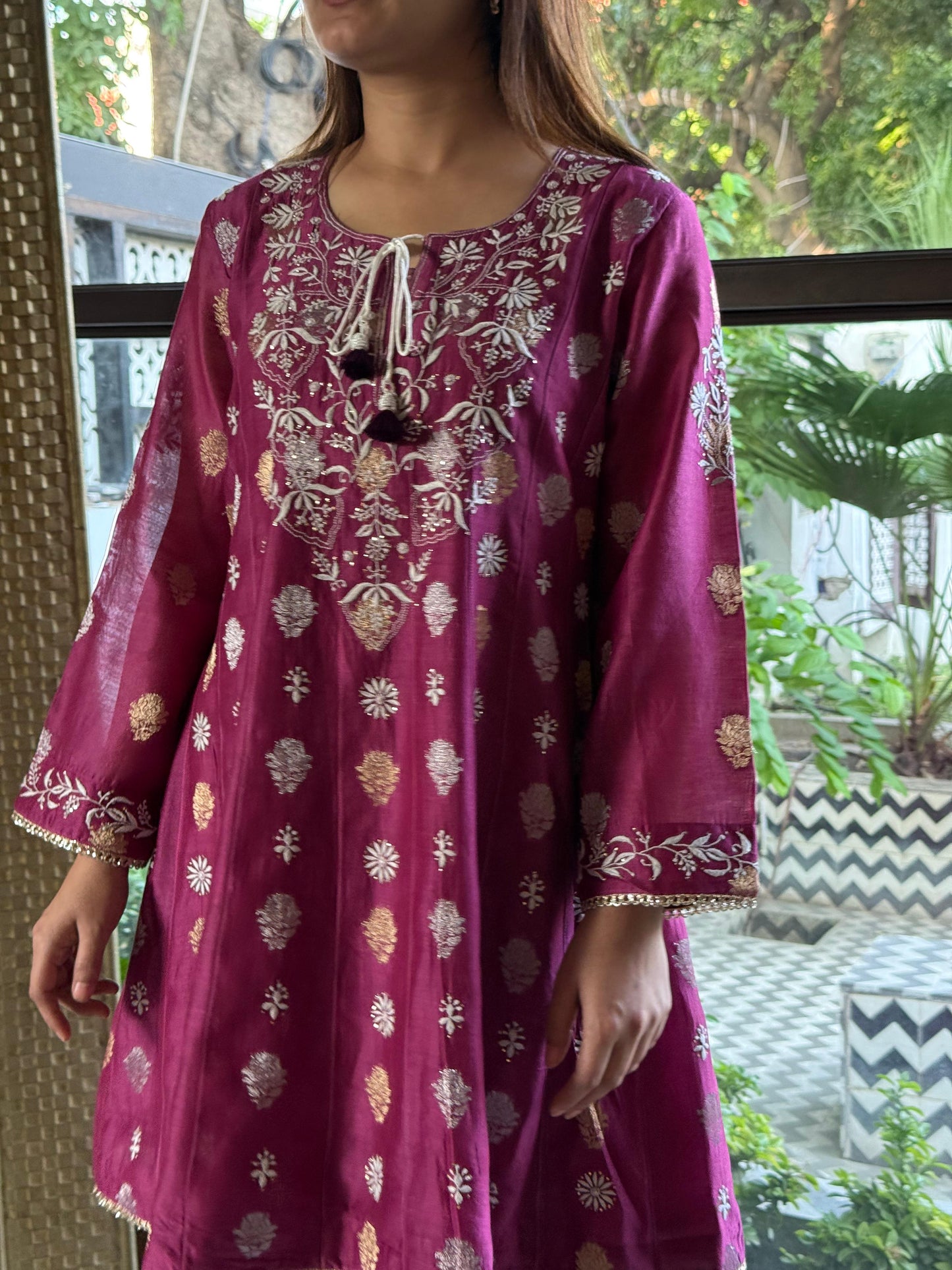 Plum Pink Zari Chanderi Chikankari Co-Ord Set