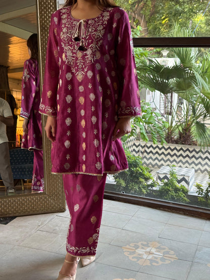 Plum Pink Zari Chanderi Chikankari Co-Ord Set