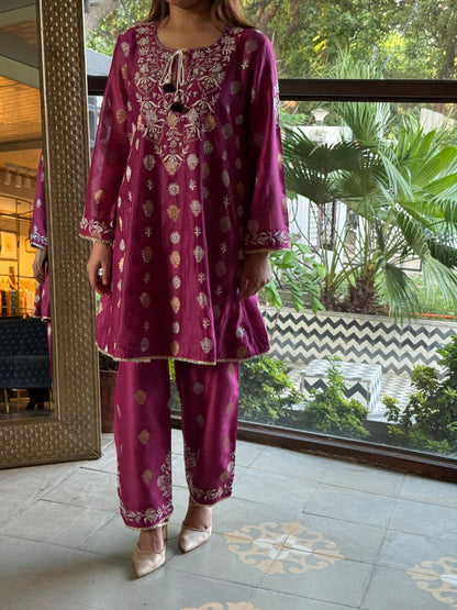 Plum Pink Zari Chanderi Chikankari Co-Ord Set