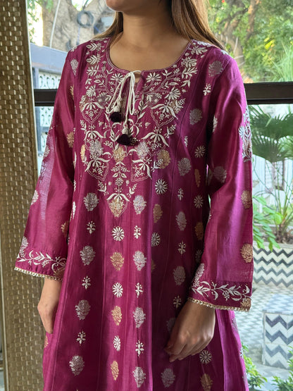 Plum Pink Zari Chanderi Chikankari Co-Ord Set