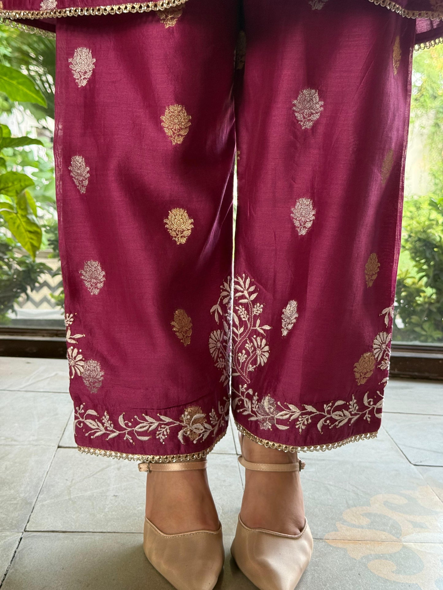 Plum Pink Zari Chanderi Chikankari Co-Ord Set