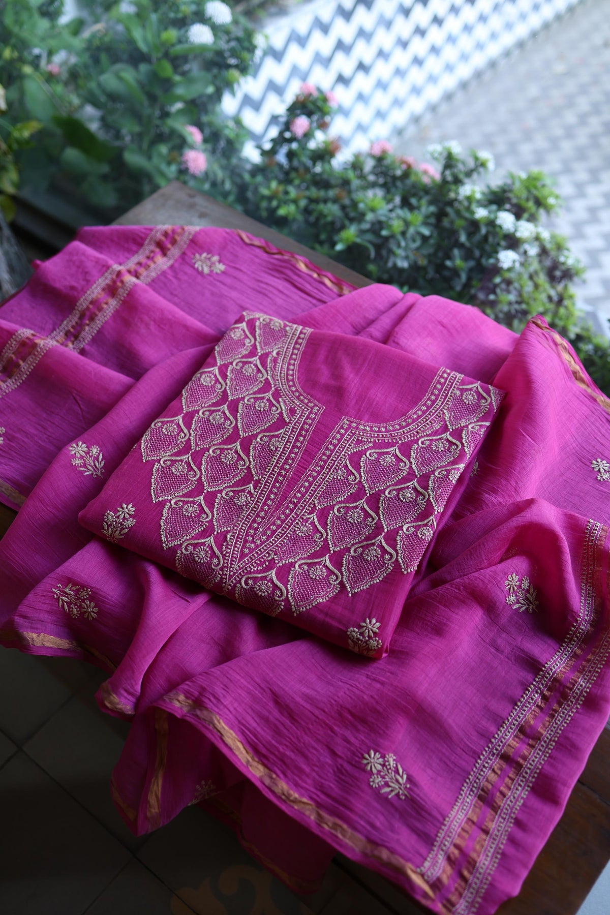 Plum Purple Mal Chanderi Chikankari Unstitched Kurta & Dupatta Set