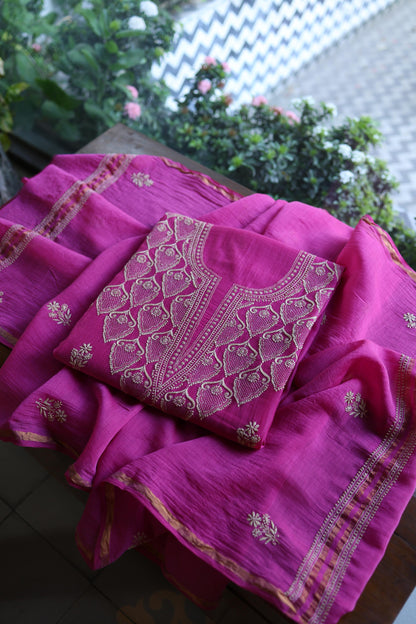 Plum Purple Mal Chanderi Chikankari Unstitched Kurta & Dupatta Set
