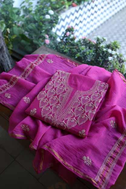 Plum Purple Mal Chanderi Chikankari Unstitched Kurta & Dupatta Set