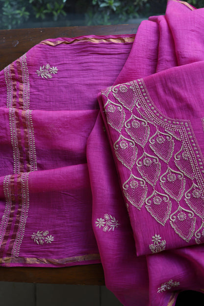 Plum Purple Mal Chanderi Chikankari Unstitched Kurta & Dupatta Set