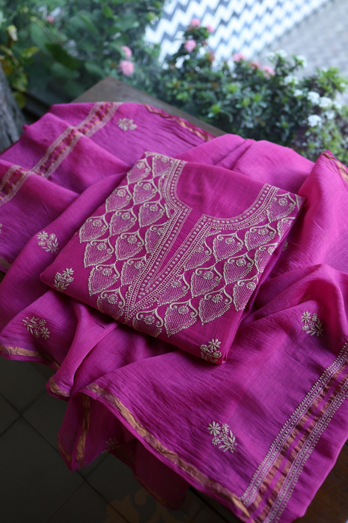 Plum Purple Mal Chanderi Chikankari Unstitched Kurta & Dupatta Set