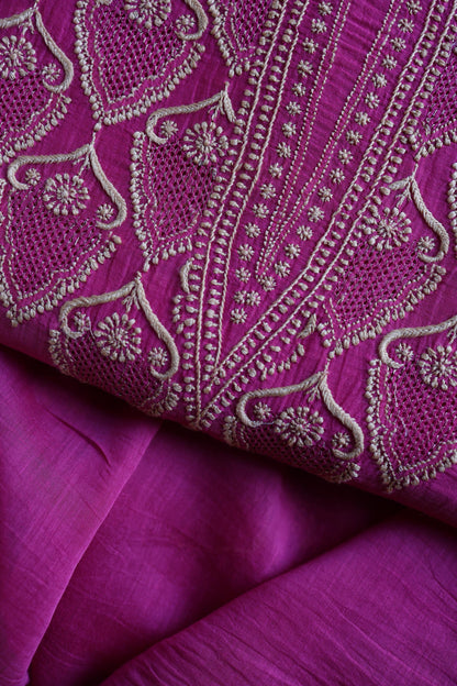 Plum Purple Mal Chanderi Chikankari Unstitched Kurta & Dupatta Set
