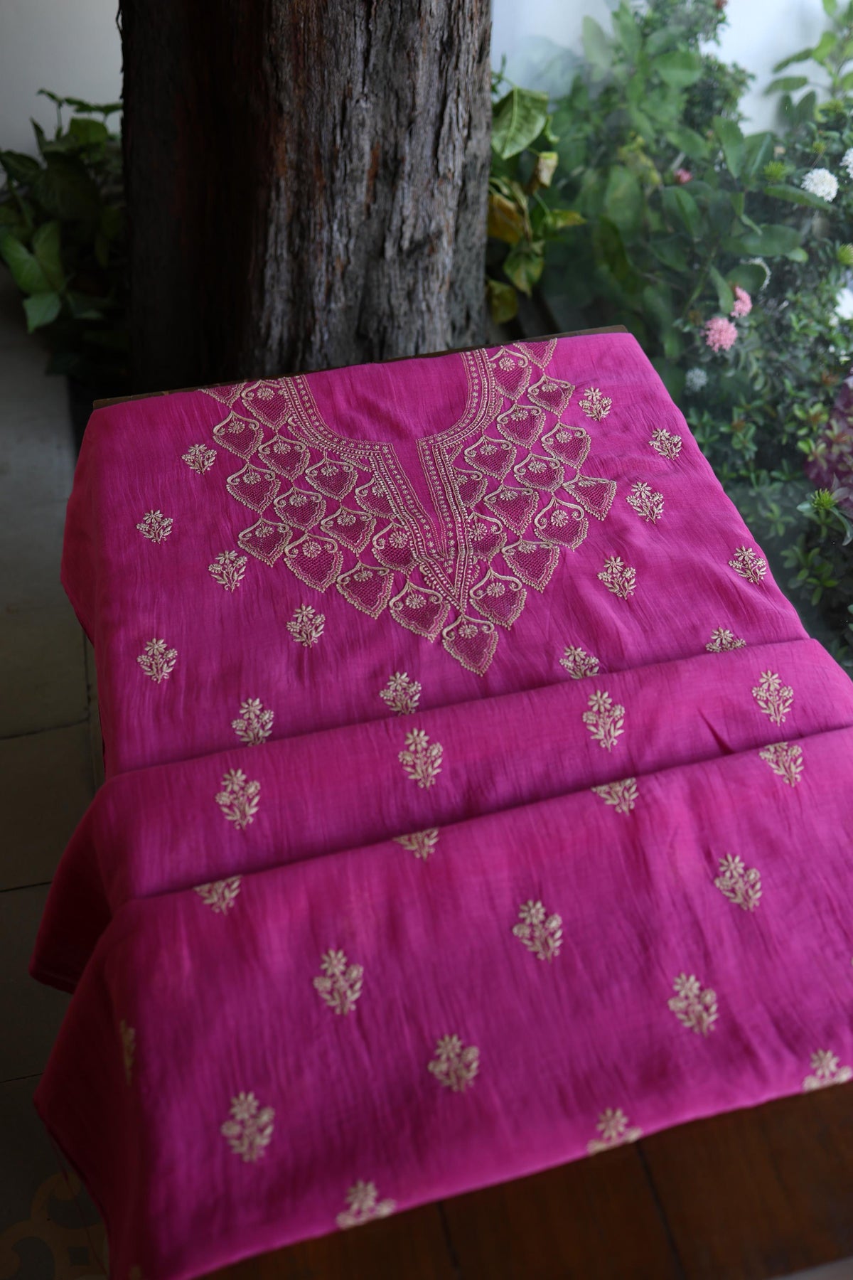 Plum Purple Mal Chanderi Chikankari Unstitched Kurta & Dupatta Set