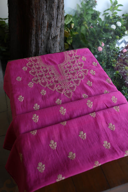 Plum Purple Mal Chanderi Chikankari Unstitched Kurta & Dupatta Set