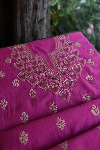 Plum Purple Mal Chanderi Chikankari Unstitched Kurta & Dupatta Set