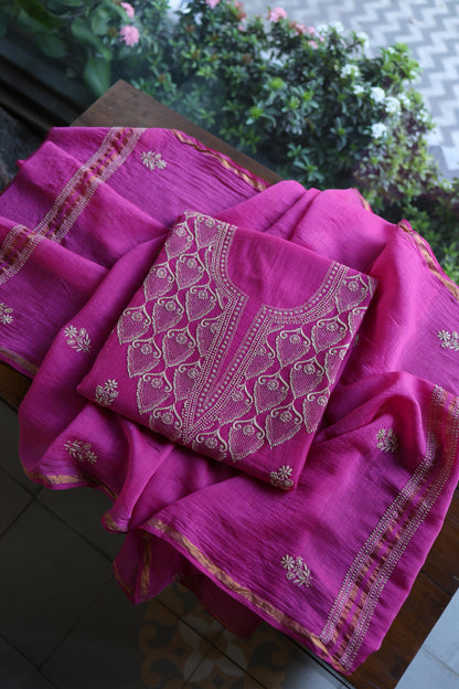 Plum Purple Mal Chanderi Chikankari Unstitched Kurta & Dupatta Set