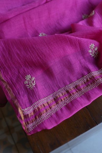 Plum Purple Mal Chanderi Chikankari Unstitched Kurta & Dupatta Set