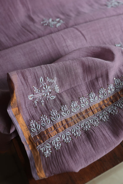 Plum Purple Mal Cotton Chikankari Unstitched Fabrics With Kamdani