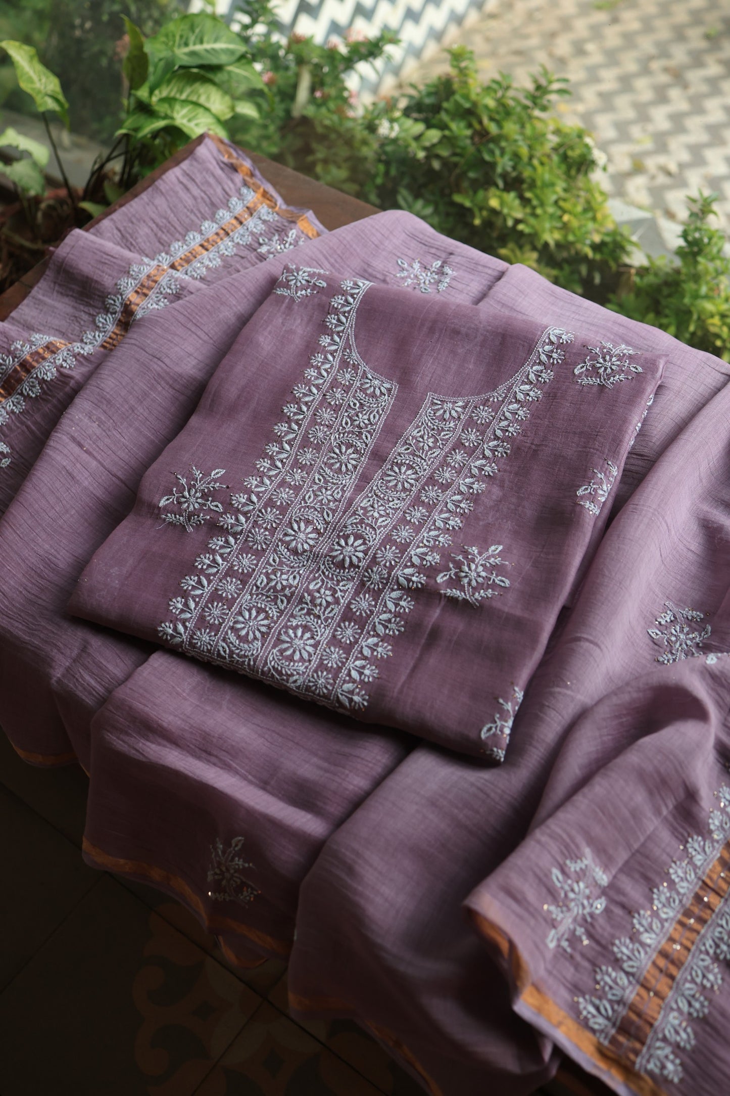 Plum Purple Mal Cotton Chikankari Unstitched Fabrics With Kamdani