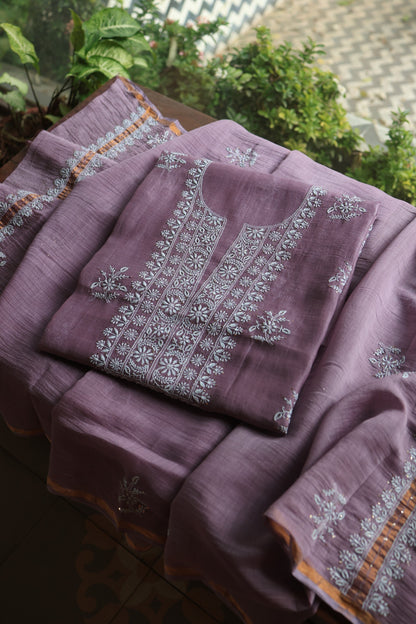 Plum Purple Mal Cotton Chikankari Unstitched Fabrics With Kamdani