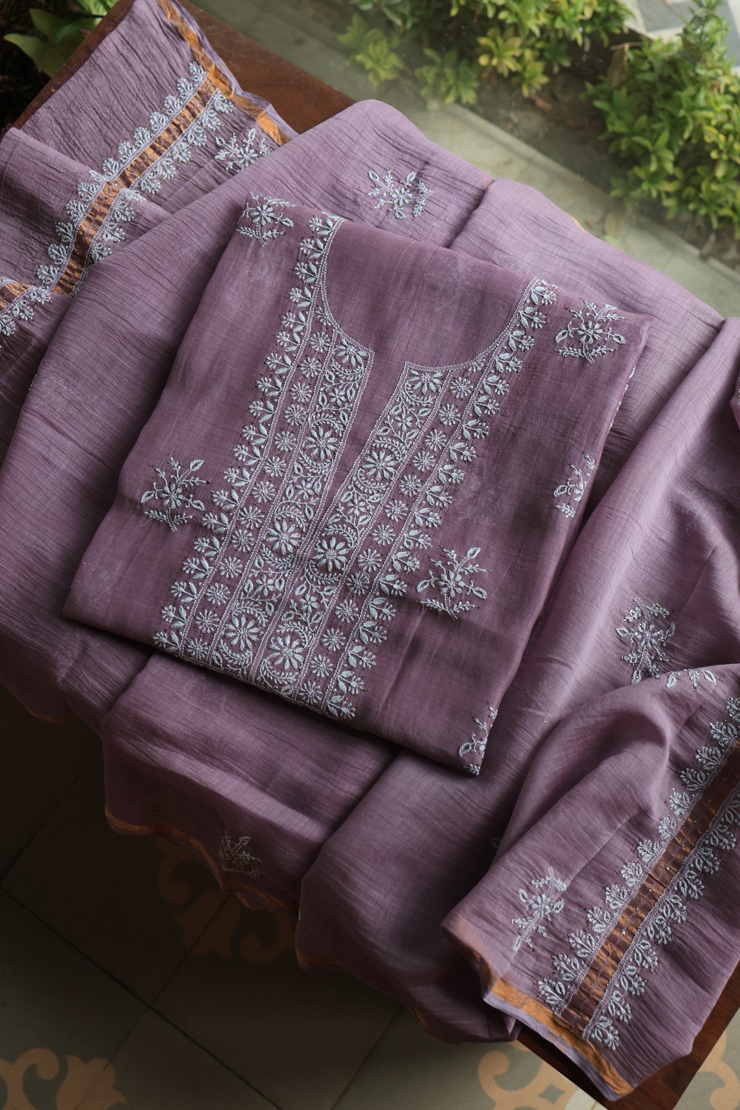 Plum Purple Mal Cotton Chikankari Unstitched Fabrics With Kamdani