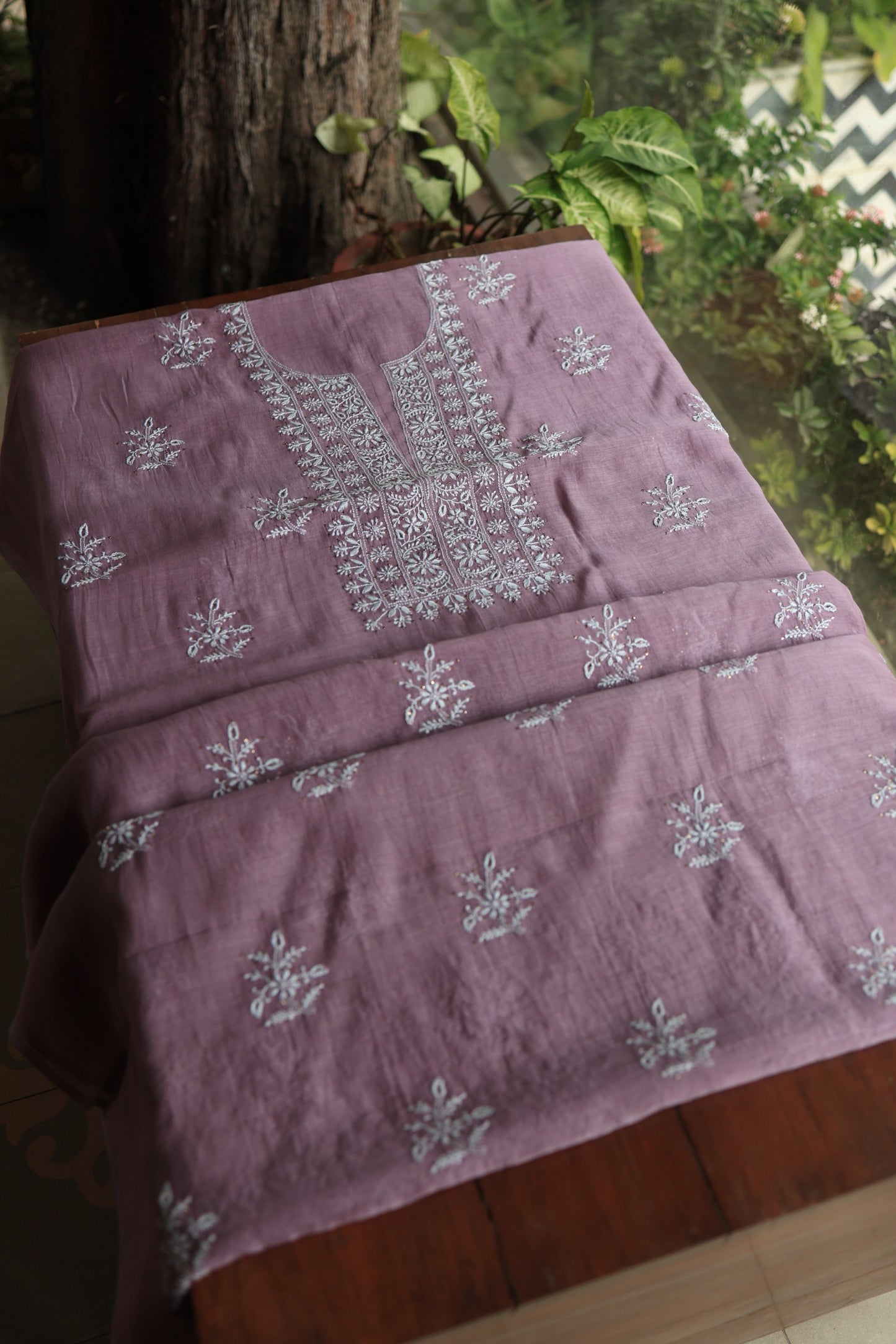 Plum Purple Mal Cotton Chikankari Unstitched Fabrics With Kamdani
