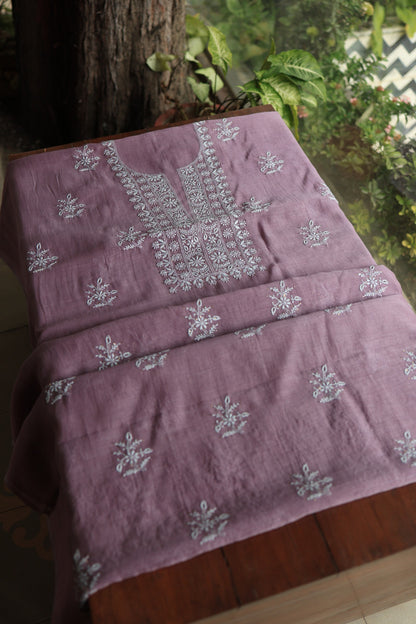 Plum Purple Mal Cotton Chikankari Unstitched Fabrics With Kamdani