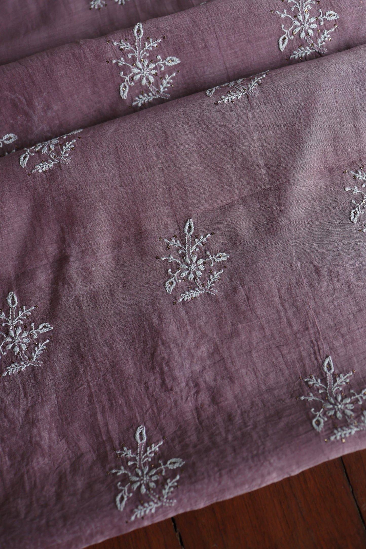 Plum Purple Mal Cotton Chikankari Unstitched Fabrics With Kamdani