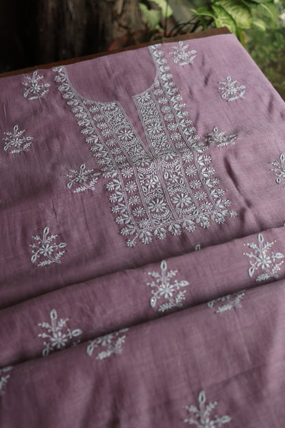 Plum Purple Mal Cotton Chikankari Unstitched Fabrics With Kamdani