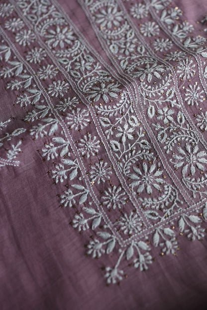 Plum Purple Mal Cotton Chikankari Unstitched Fabrics With Kamdani