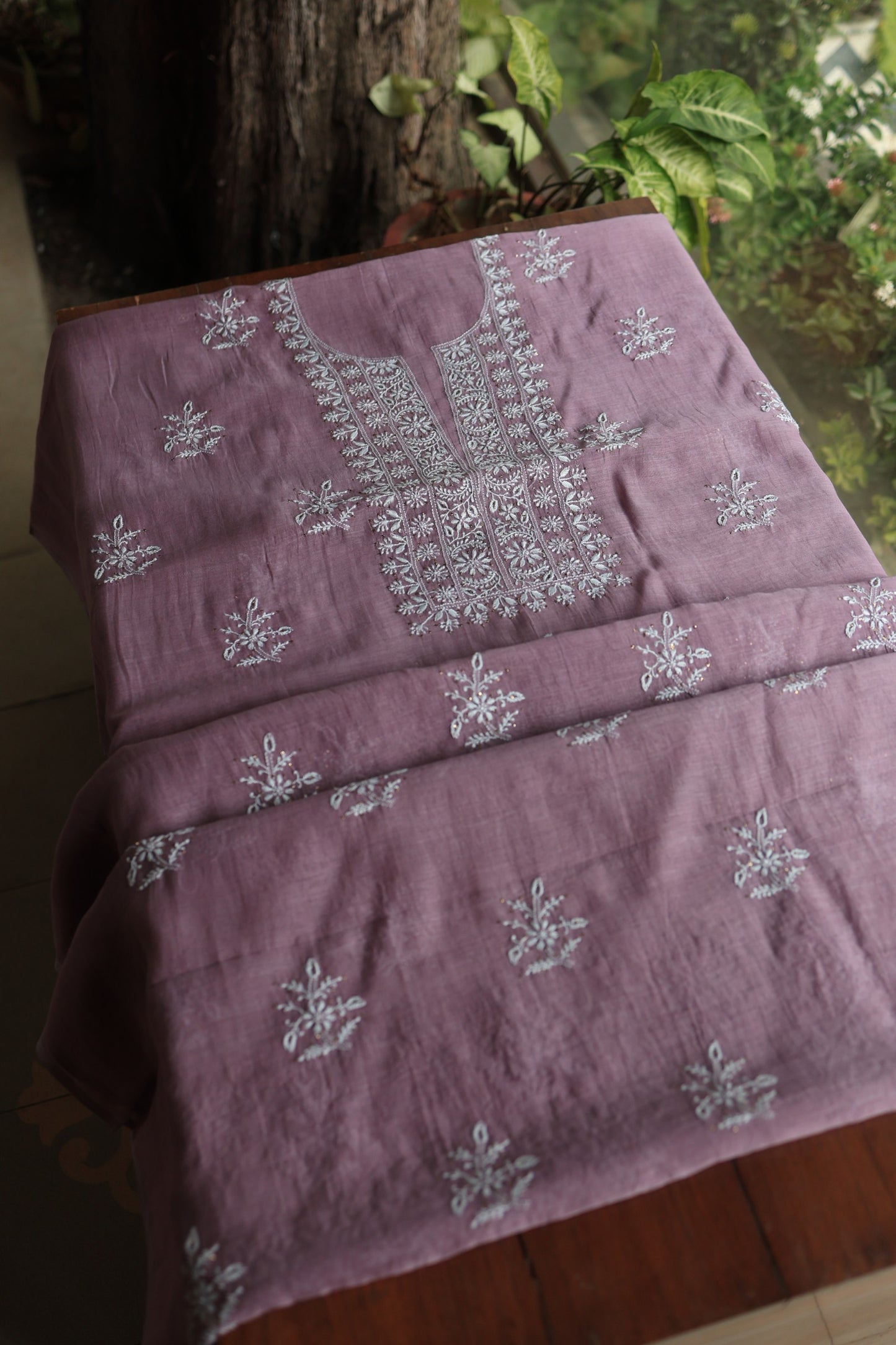 Plum Purple Mal Cotton Chikankari Unstitched Fabrics With Kamdani