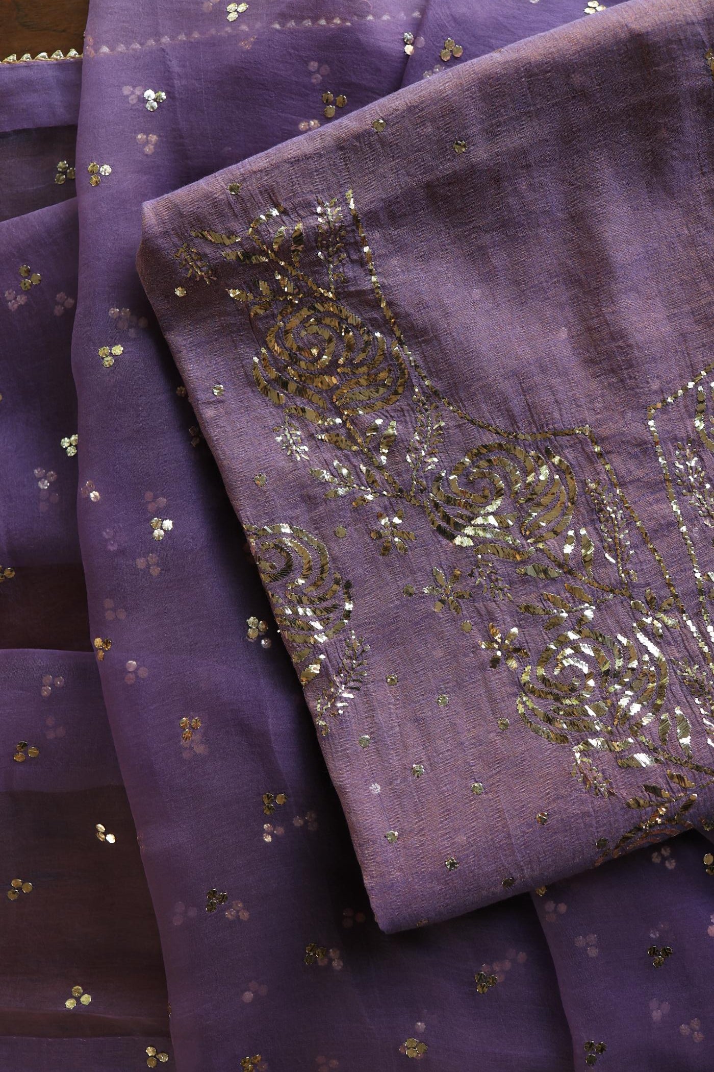 Plum Purple Roheen Tissue Silk Mukaish Badla Fabric