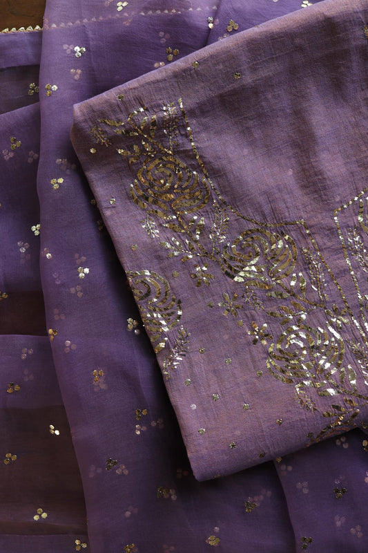 Plum Purple Roheen Tissue Silk Mukaish Badla Fabric