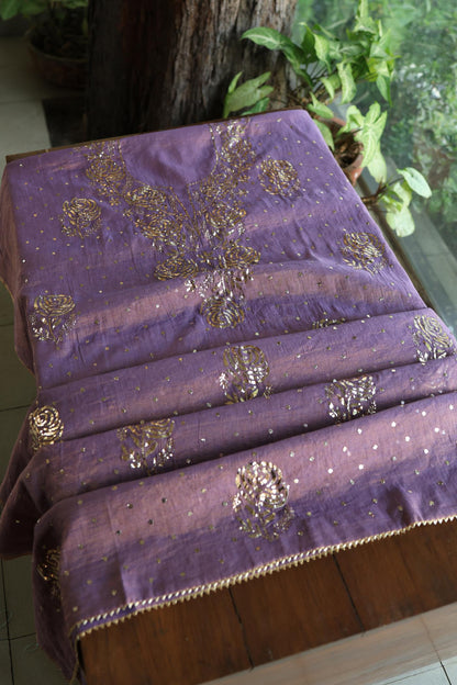 Plum Purple Roheen Tissue Silk Mukaish Badla Fabric
