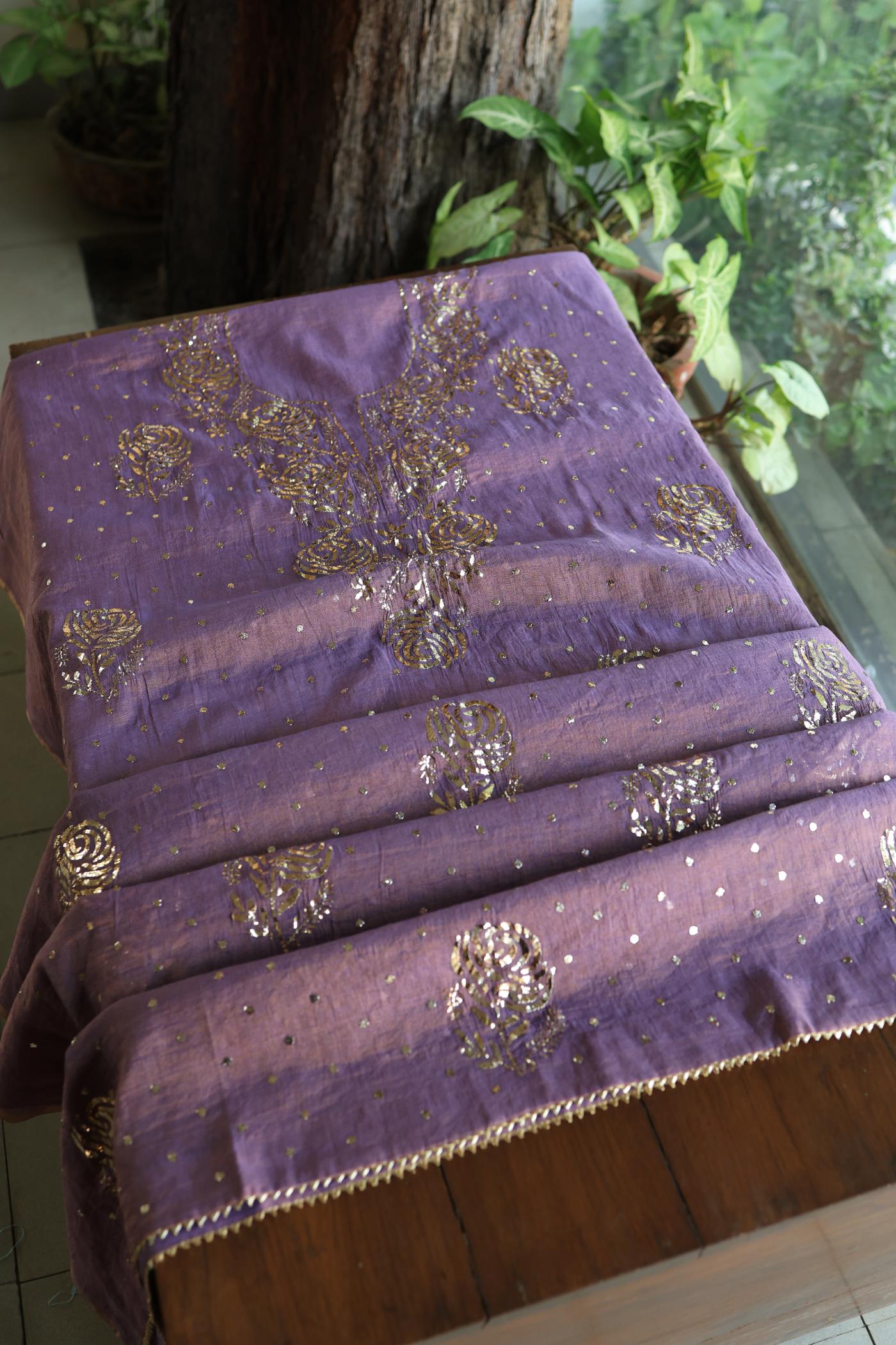 Plum Purple Roheen Tissue Silk Mukaish Badla Fabric