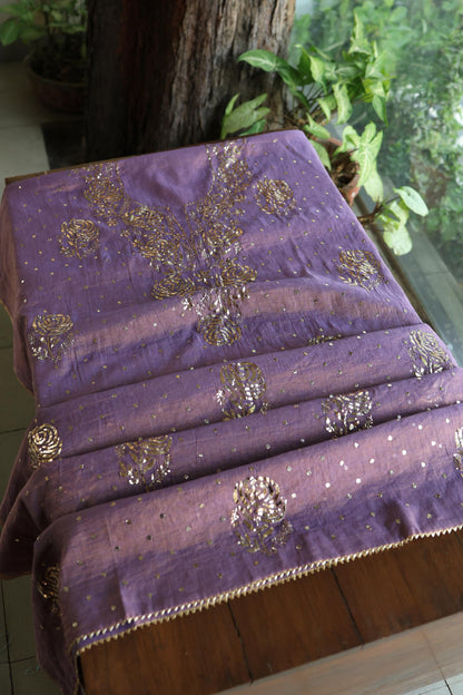 Plum Purple Roheen Tissue Silk Mukaish Badla Fabric