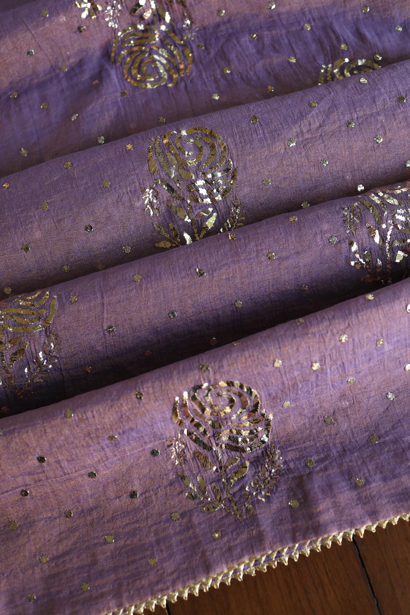 Plum Purple Roheen Tissue Silk Mukaish Badla Fabric